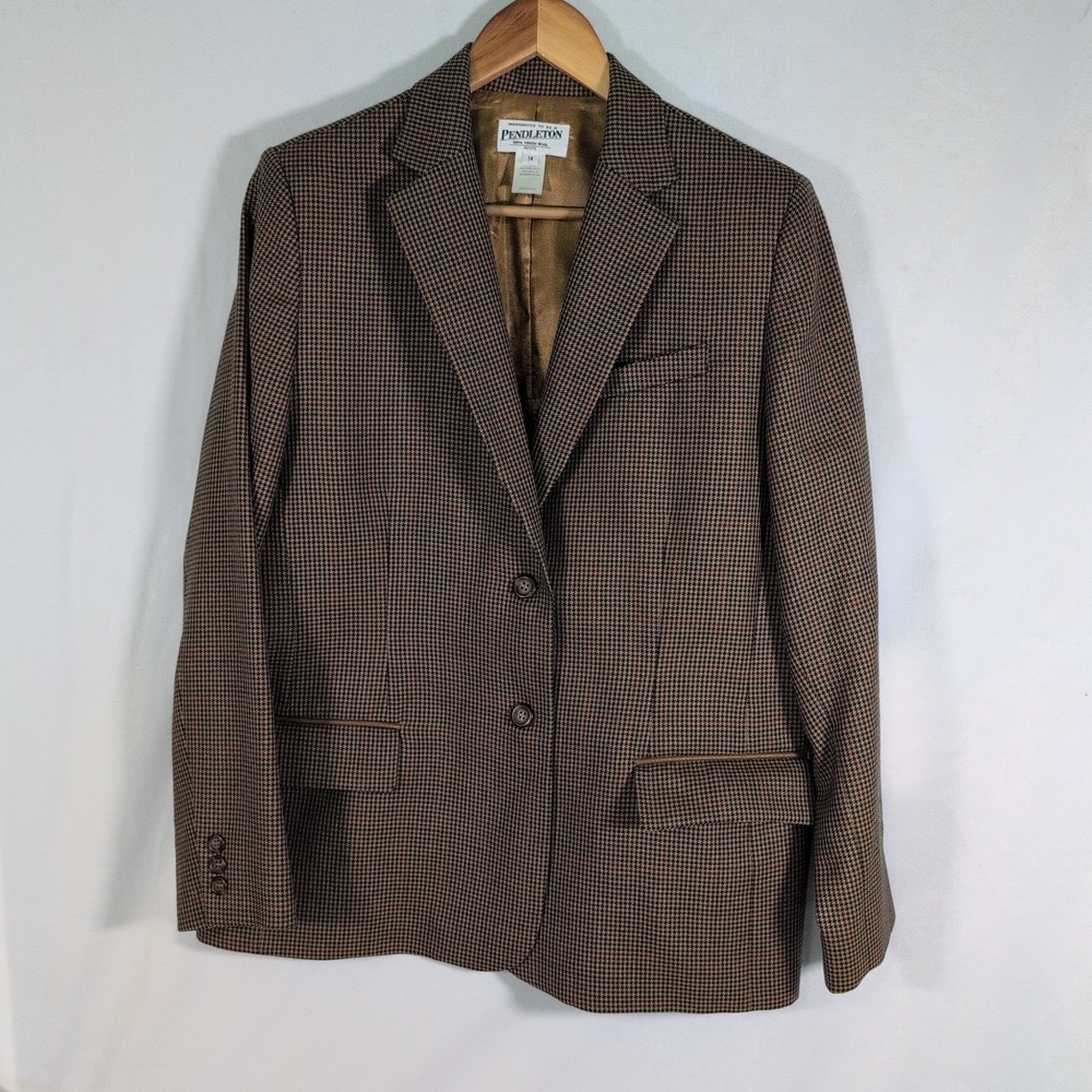 Pendelton Womens Virgin Wool Tan Green Red Houndstooth Blazer 14 Petite